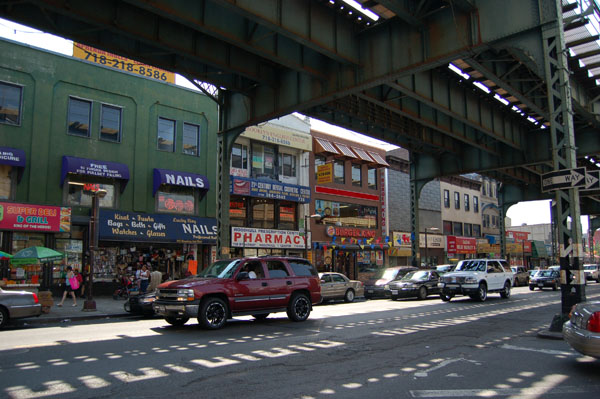 Broadway, Shaded by the elevated JMZ train viaduct